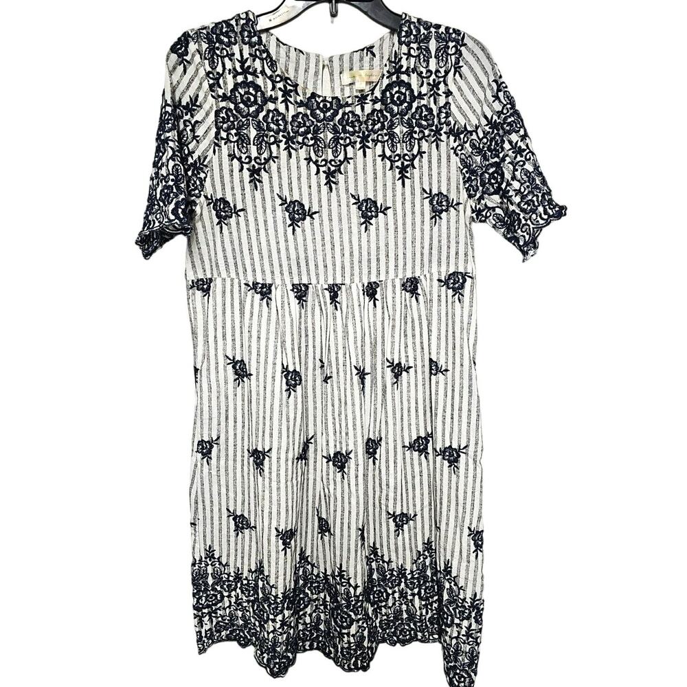 Mimi & Daphne Embroidered Size S Blue Striped Midi Dress Floral Cotton Cottage
